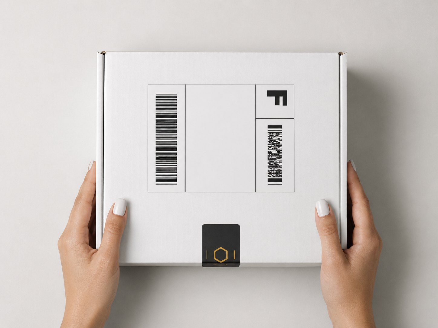 A sealed Candor shipping carton held in two hands